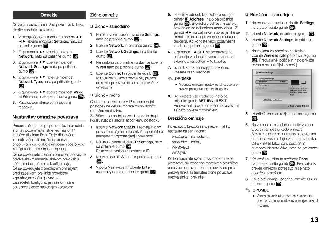 Samsung BD-H5900/EN manual Nastavitev omrežne povezave, Omrežje, Žično omrežje, Brezžično omrežje 