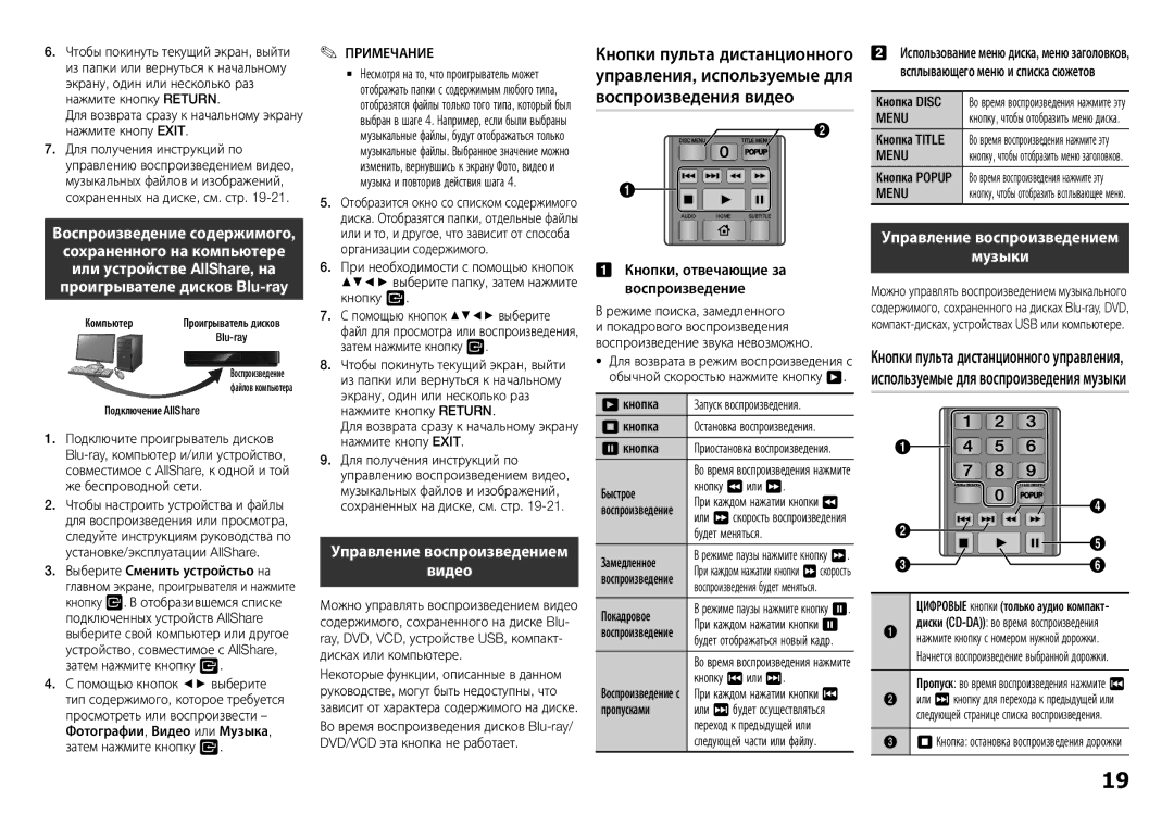 Samsung BD-H5900/RU manual Управление воспроизведением Музыки, Видео, Menu 