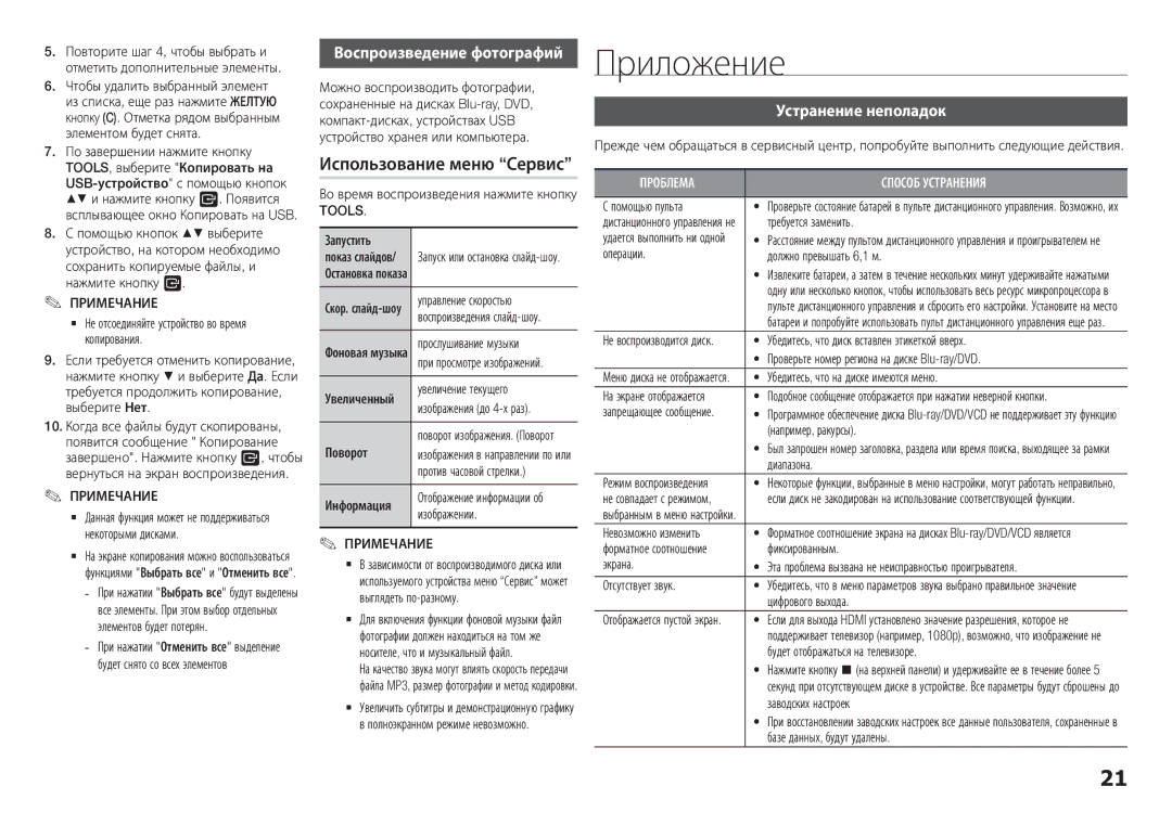 Samsung BD-H5900/RU manual Приложение, Использование меню Сервис, Воспроизведение фотографий, Устранение неполадок, Tools 