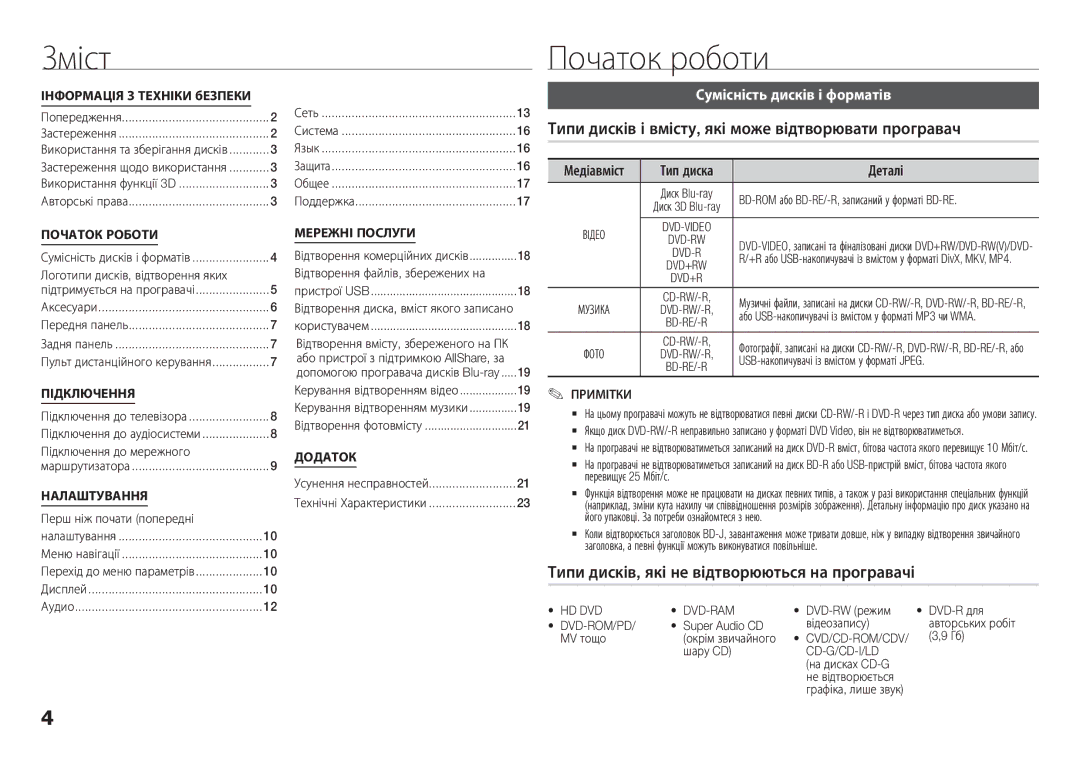 Samsung BD-H5900/RU manual Зміст Початок роботи, Типи дисків і вмісту, які може відтворювати програвач, Деталі 