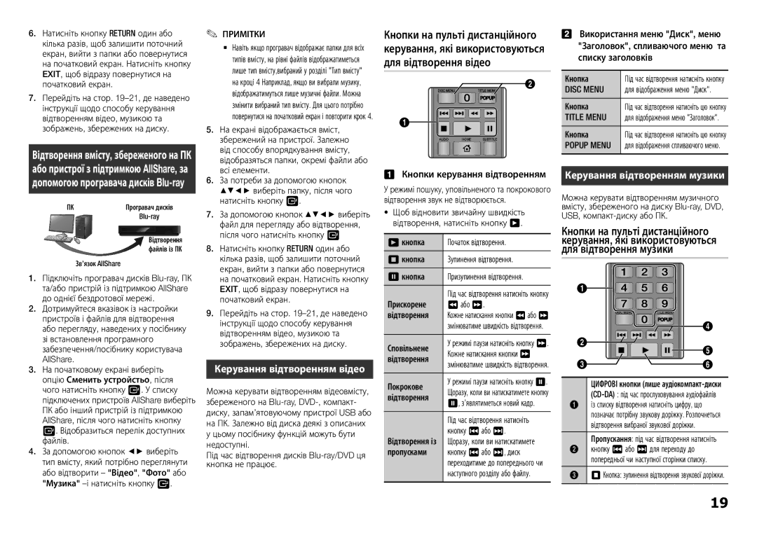 Samsung BD-H5900/RU Керування відтворенням музики, Керування відтворенням відео, Кнопки керування відтворенням, Disc Menu 