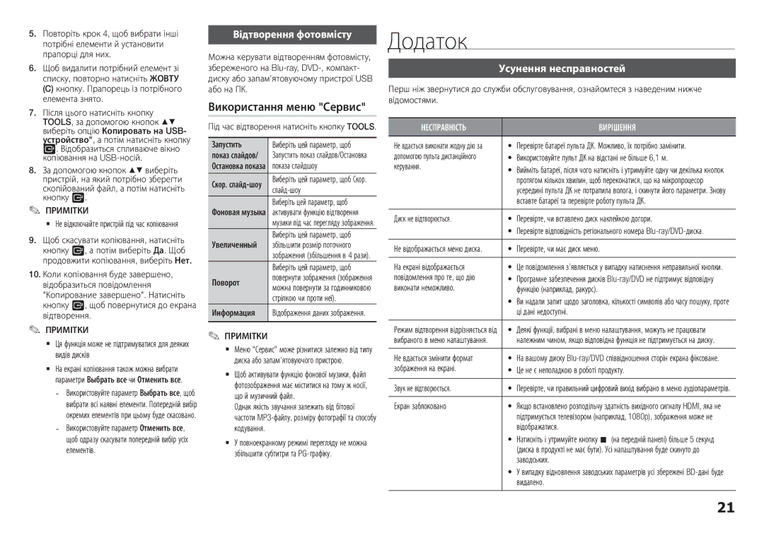 Samsung BD-H5900/RU manual Додаток, Використання меню Сервис, Відтворення фотовмісту, Усунення несправностей 