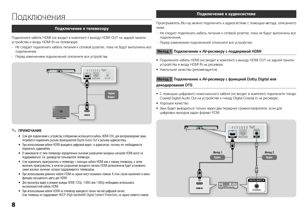 Samsung BD-H5900/RU manual Подключения, Подключение к телевизору, Подключение к аудиосистеме, Метод 1 Аудио 