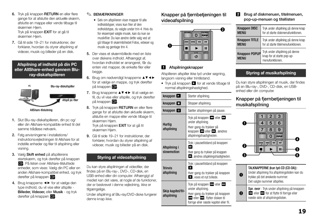 Samsung BD-H5900/XE manual Knapper på fjernbetjeningen til videoafspilning, Knapper på fjernbetjeningen til musikafspilning 