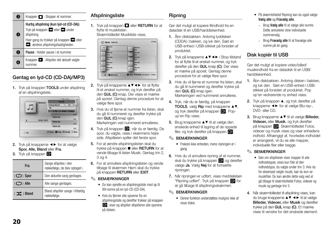 Samsung BD-H5900/XE manual Gentag en lyd-CD CD-DA/MP3, Afspilningsliste, Ripning, Disk kopiér til USB 