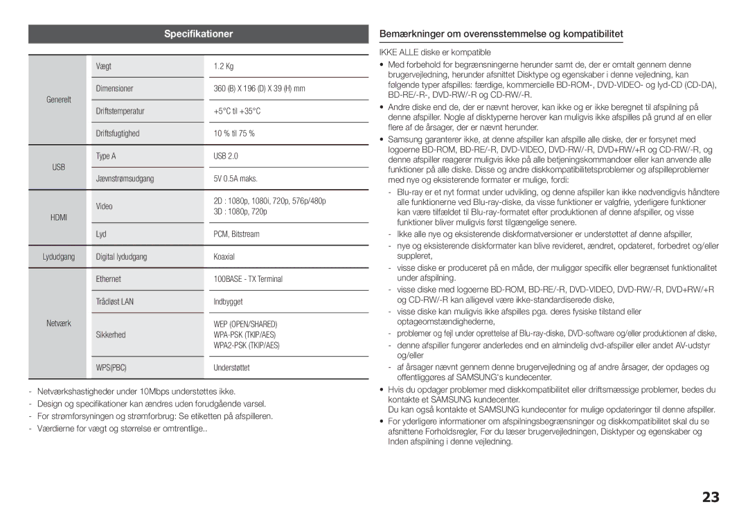 Samsung BD-H5900/XE manual Bemærkninger om overensstemmelse og kompatibilitet 