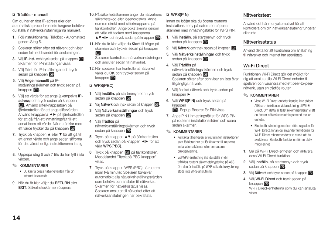 Samsung BD-H5900/XE manual Nätverkstest, Nätverksstatus, Wi-Fi Direct, ĞĞ Trådlös manuell 