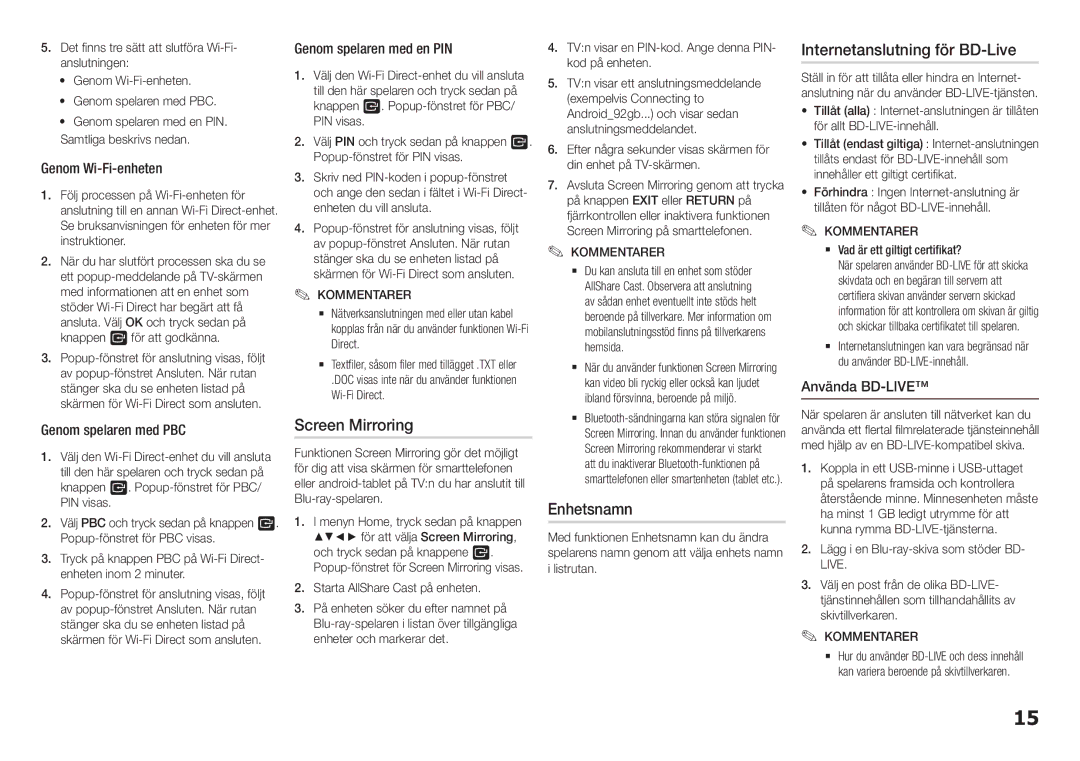 Samsung BD-H5900/XE manual Screen Mirroring, Enhetsnamn, Internetanslutning för BD-Live 