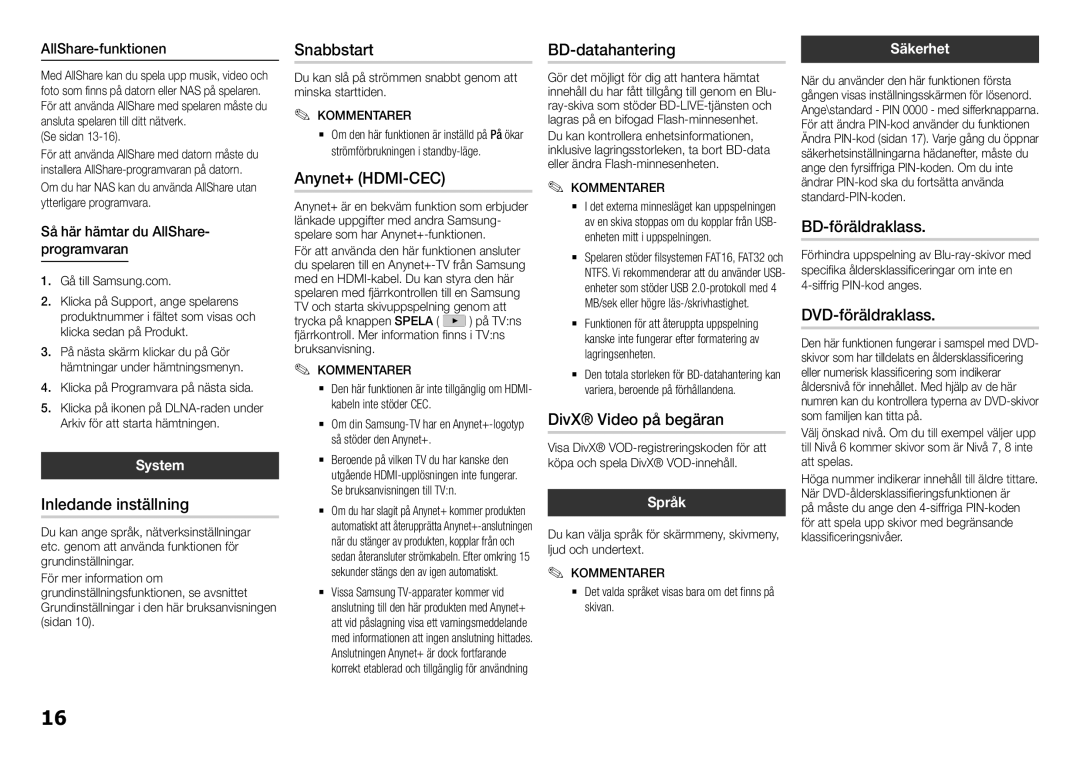 Samsung BD-H5900/XE manual Inledande inställning, Snabbstart, Anynet+ HDMI-CEC, BD-datahantering, DivX Video på begäran 