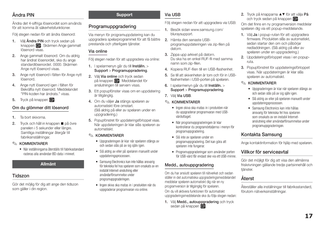 Samsung BD-H5900/XE manual Ändra PIN, Tidszon, Programuppgradering, Kontakta Samsung, Villkor för serviceavtal, Återst 
