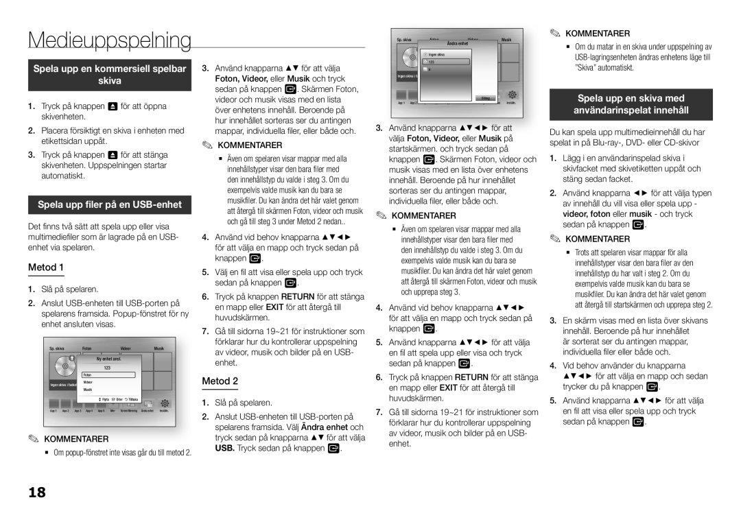 Samsung BD-H5900/XE manual Medieuppspelning, Skiva, Spela upp filer på en USB-enhet, Metod, Slå på spelaren 