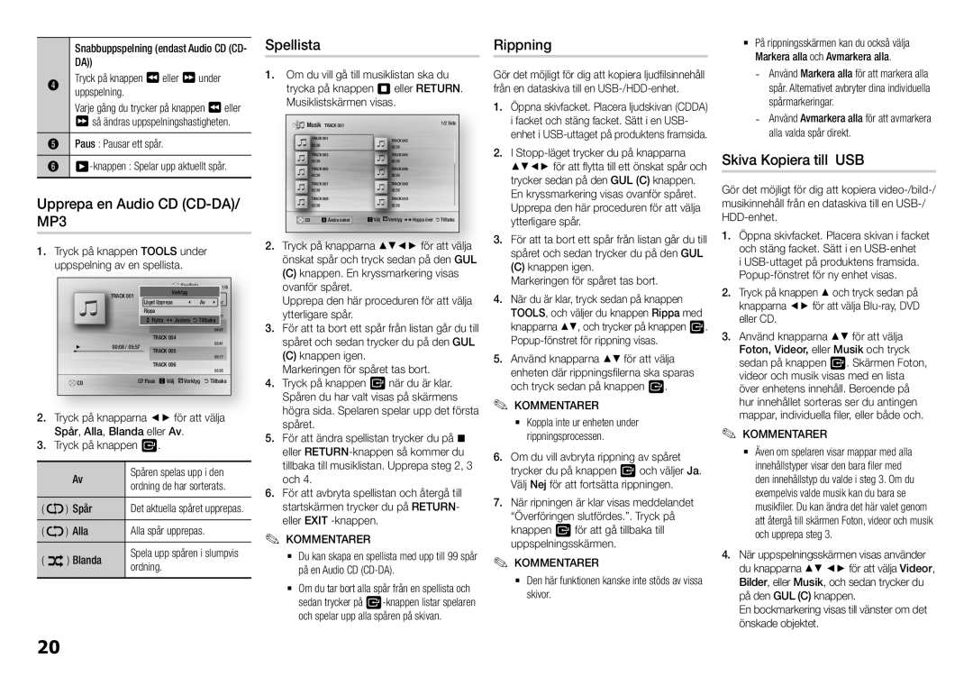 Samsung BD-H5900/XE manual Upprepa en Audio CD CD-DA/ MP3, Spellista, Rippning, Skiva Kopiera till USB 