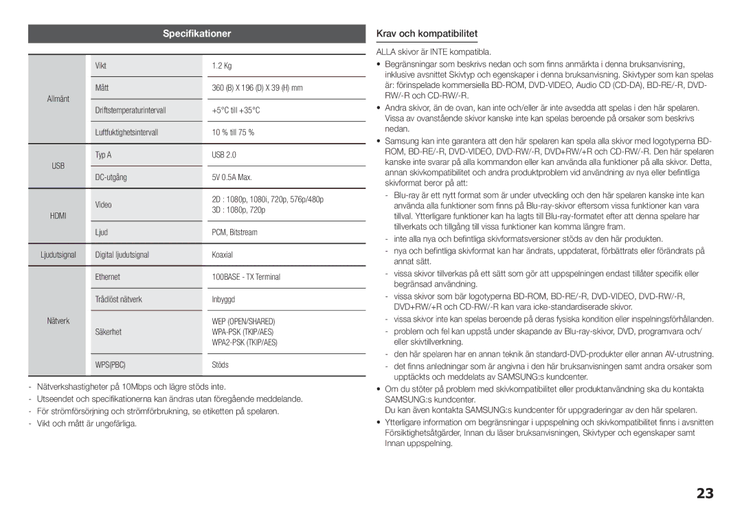 Samsung BD-H5900/XE manual Specifikationer, Krav och kompatibilitet 