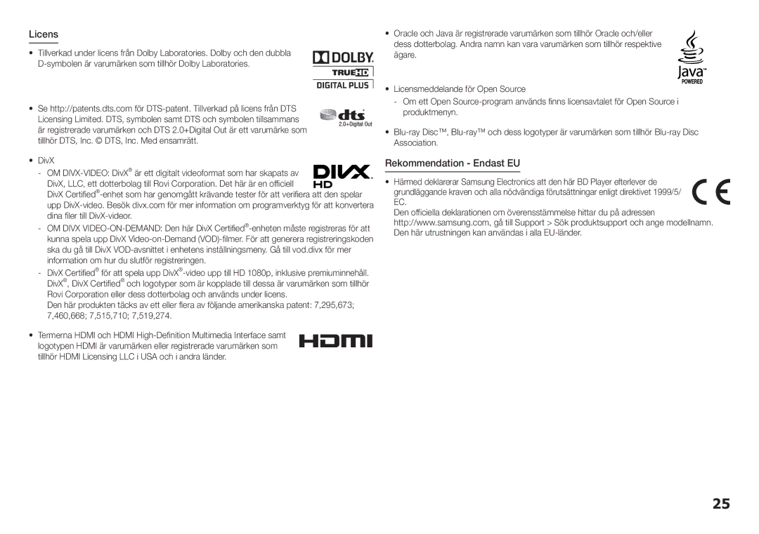 Samsung BD-H5900/XE manual Licens, Rekommendation Endast EU 