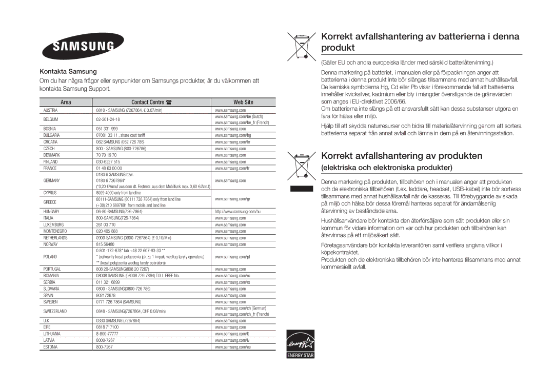 Samsung BD-H5900/XE manual Korrekt avfallshantering av batterierna i denna produkt 