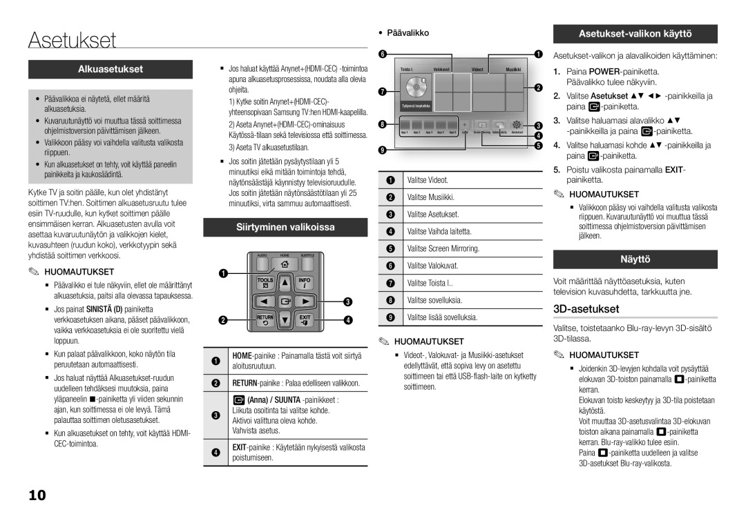 Samsung BD-H5900/XE manual Asetukset, 3D-asetukset, Alkuasetukset, Siirtyminen valikoissa, Näyttö 