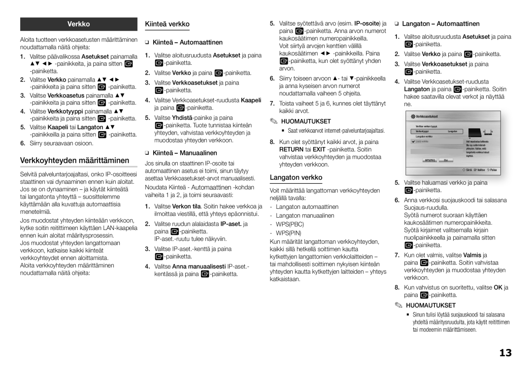 Samsung BD-H5900/XE manual Verkkoyhteyden määrittäminen, Kiinteä verkko, Langaton verkko 