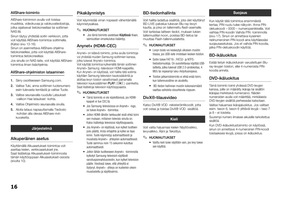 Samsung BD-H5900/XE manual Alkuperäinen asetus, Pikakäynnistys, BD-tiedonhallinta, BD-ikäluokitus, DVD-ikäluokitus 