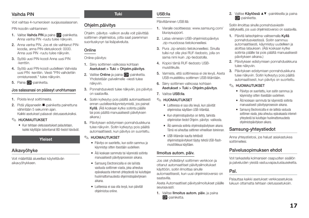 Samsung BD-H5900/XE manual Vaihda PIN, Aikavyöhyke, Ohjelm.päivitys, Samsung-yhteystiedot, Palvelusopimuksen ehdot 