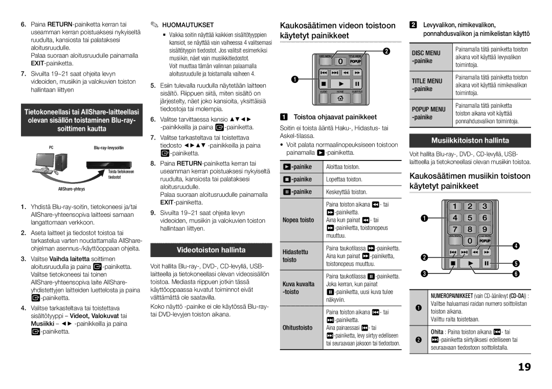 Samsung BD-H5900/XE Kaukosäätimen videon toistoon käytetyt painikkeet, Kaukosäätimen musiikin toistoon käytetyt painikkeet 