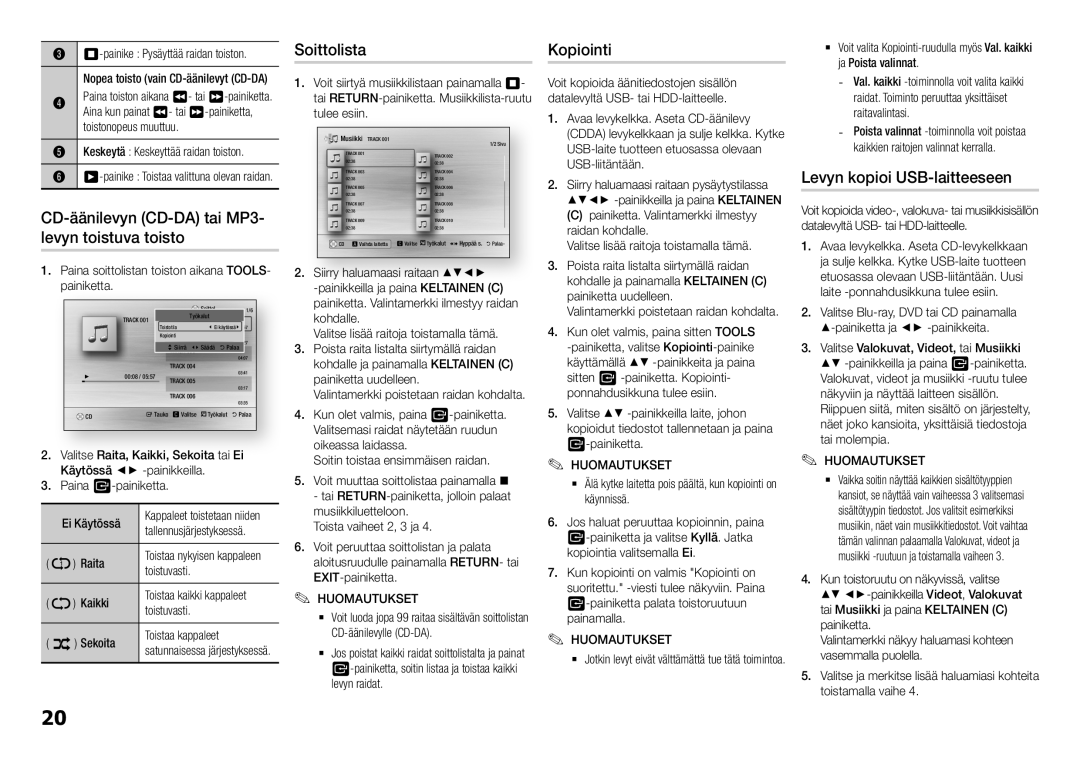 Samsung BD-H5900/XE manual CD-äänilevyn CD-DA tai MP3- levyn toistuva toisto, Soittolista, Kopiointi 