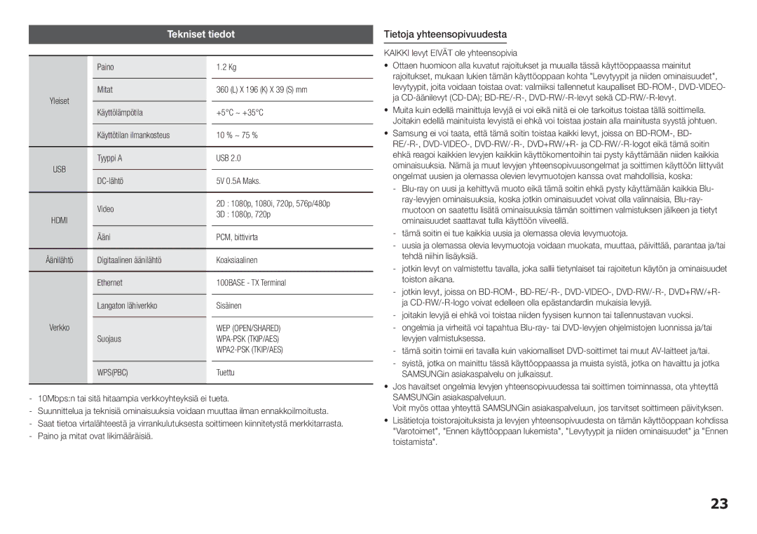 Samsung BD-H5900/XE manual Tekniset tiedot, Tietoja yhteensopivuudesta 