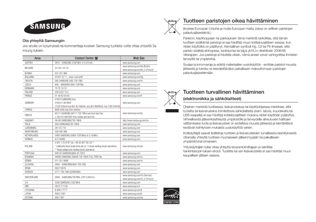 Samsung BD-H5900/XE manual Tuotteen paristojen oikea hävittäminen 