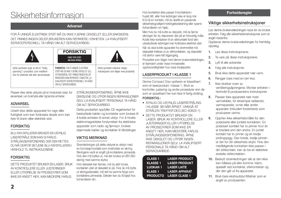 Samsung BD-H5900/XE manual Sikkerhetsinformasjon, Viktige sikkerhetsinstruksjoner, Forholdsregler, Forsiktig 