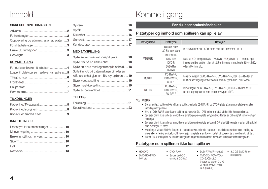 Samsung BD-H5900/XE Innhold Komme i gang, Platetyper og innhold som spilleren kan spille av, Før du leser brukerhåndboken 