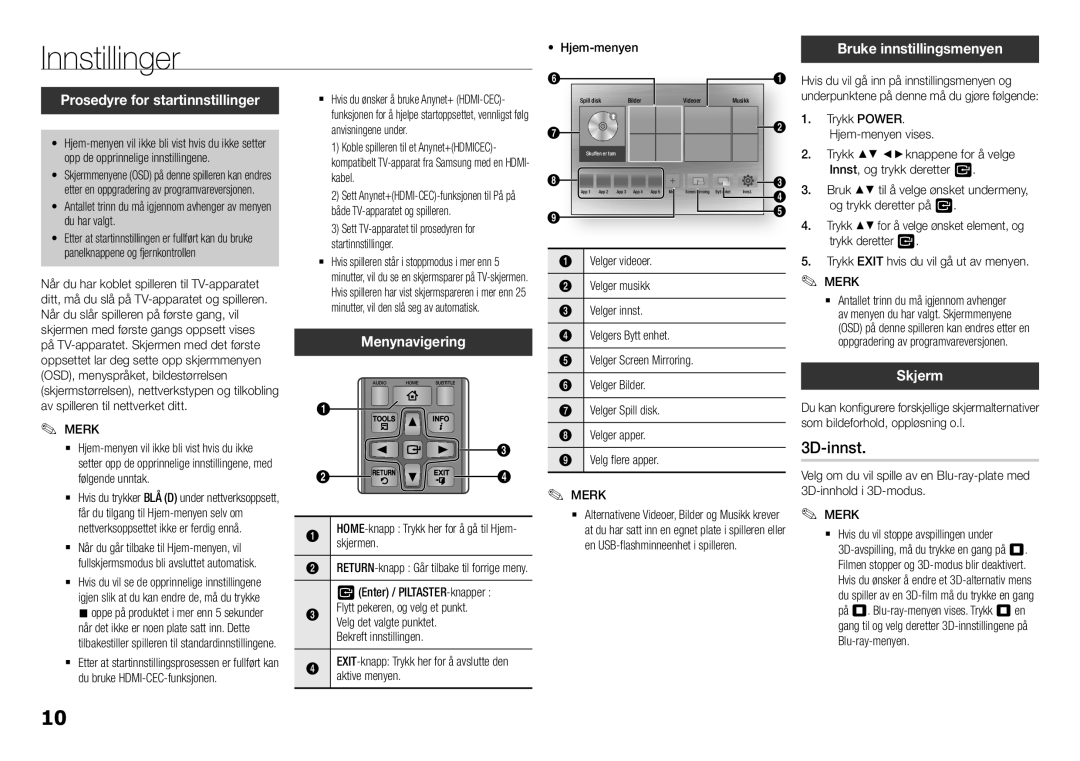 Samsung BD-H5900/XE manual Innstillinger, 3D-innst, Bruke innstillingsmenyen, Prosedyre for startinnstillinger, Skjerm 