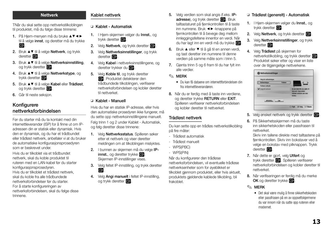 Samsung BD-H5900/XE manual Konfigurere nettverksforbindelsen, Nettverk, Kablet nettverk, Trådløst nettverk 