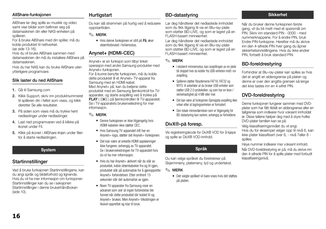 Samsung BD-H5900/XE manual Startinnstillinger, Hurtigstart, BD-datastyring, DivX-på foresp, BD-foreldrestyring 