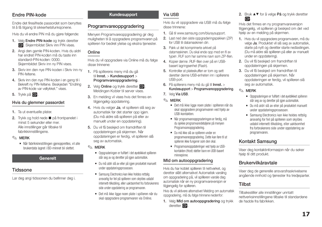 Samsung BD-H5900/XE manual Endre PIN-kode, Tidssone, Programvareoppgradering, Kontakt Samsung, Brukervilkåravtale, Tilbst 