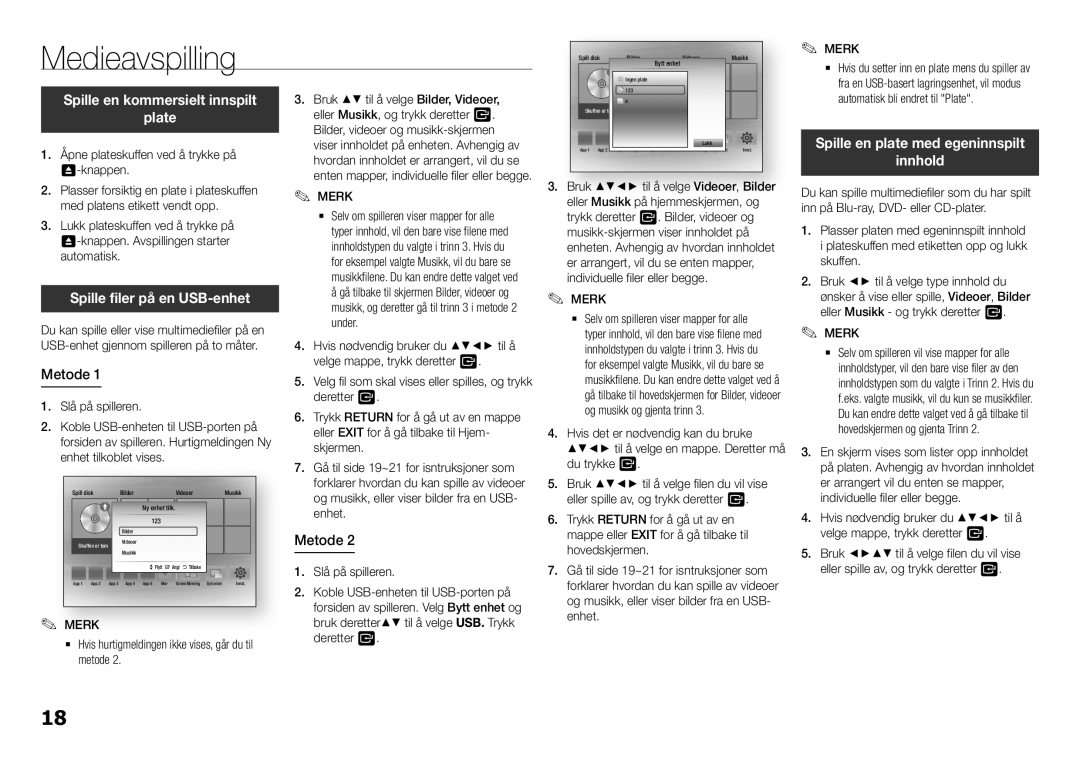 Samsung BD-H5900/XE manual Medieavspilling, Spille en kommersielt innspilt Plate, Spille filer på en USB-enhet, Metode 