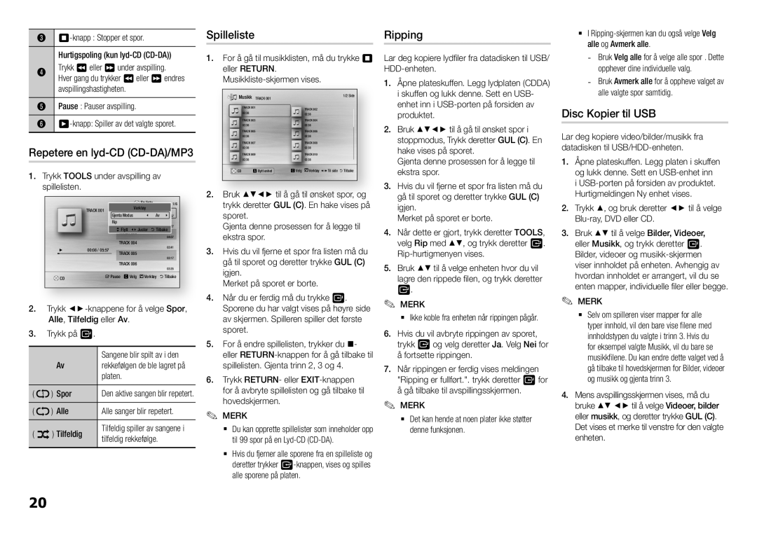 Samsung BD-H5900/XE manual Repetere en lyd-CD CD-DA/MP3, Spilleliste, Ripping, Disc Kopier til USB 