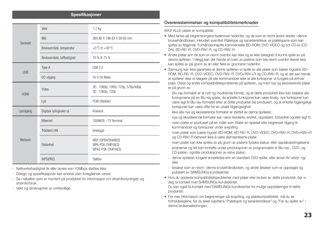 Samsung BD-H5900/XE manual Spesifikasjoner, Overensstemmelser og kompatibilitetsmerknader 