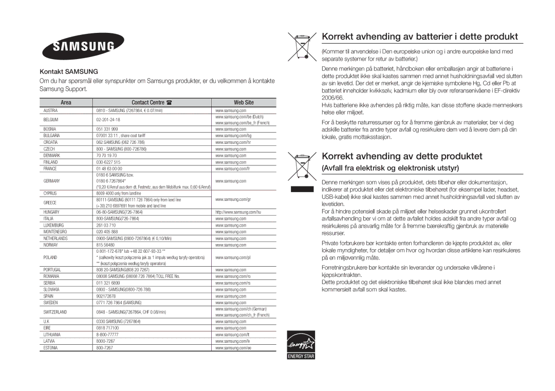 Samsung BD-H5900/XE manual Korrekt avhending av batterier i dette produkt 