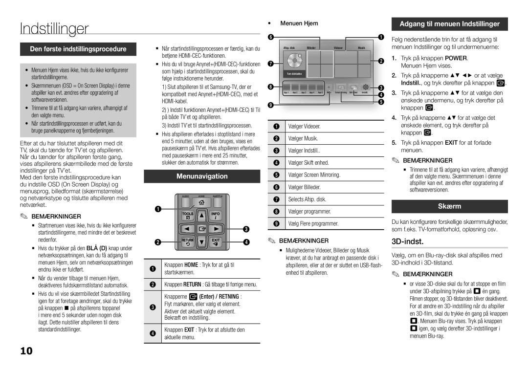 Samsung BD-H5900/XE manual Indstillinger, 3D-indst, Den første indstillingsprocedure, Menunavigation, Skærm 