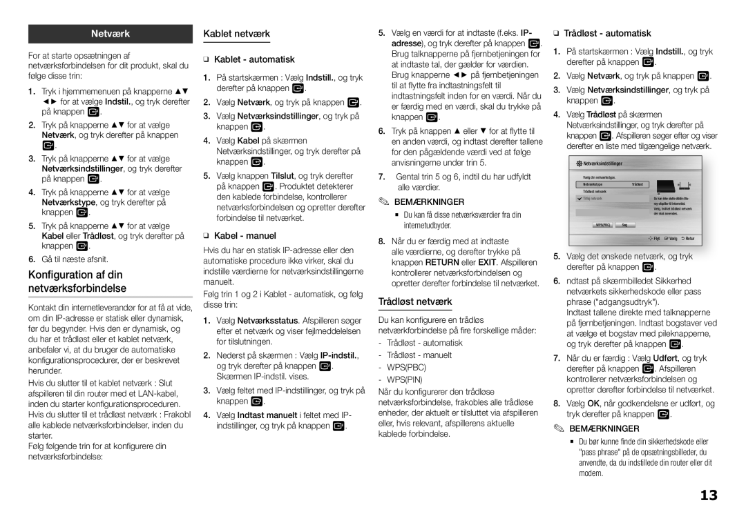 Samsung BD-H5900/XE manual Netværk, Kablet netværk, Trådløst netværk, ĞĞ Kabel manuel, ĞĞ Trådløst automatisk 