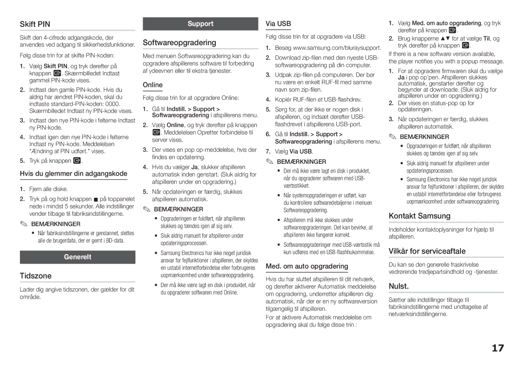 Samsung BD-H5900/XE manual Skift PIN, Tidszone, Softwareopgradering, Vilkår for serviceaftale, Nulst 