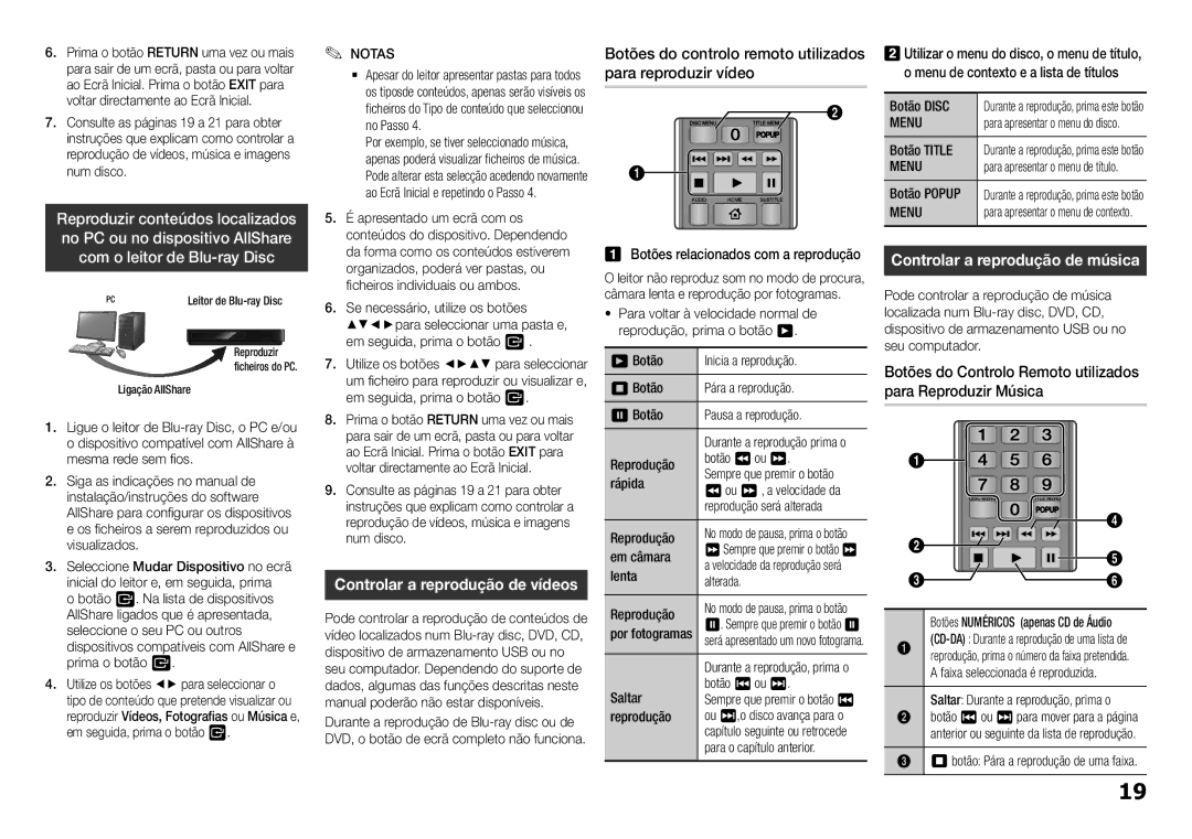 Samsung BD-H5900/ZF Botões do controlo remoto utilizados para reproduzir vídeo, Controlar a reprodução de música, Menu 