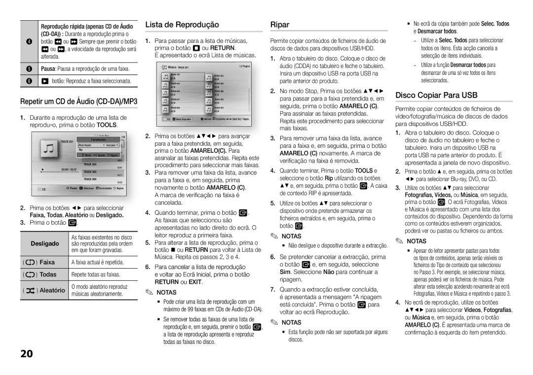 Samsung BD-H5900/ZF manual Lista de Reprodução, Ripar, Disco Copiar Para USB, Repetir um CD de Áudio CD-DA/MP3 