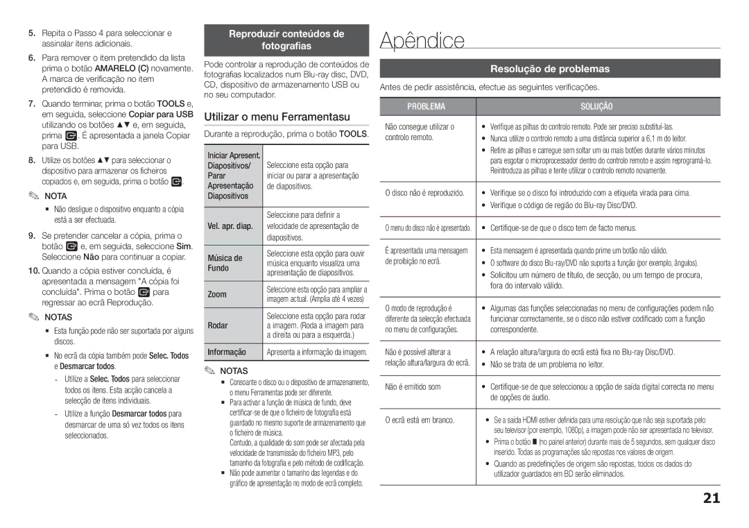 Samsung BD-H5900/ZF Apêndice, Utilizar o menu Ferramentasu, Reproduzir conteúdos de Fotografias, Resolução de problemas 