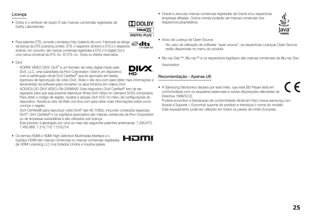 Samsung BD-H5900/ZF manual Licença, Recomendação Apenas UE 