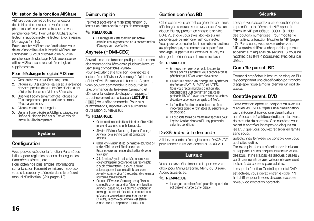 Samsung BD-H5900/ZF manual Langue 