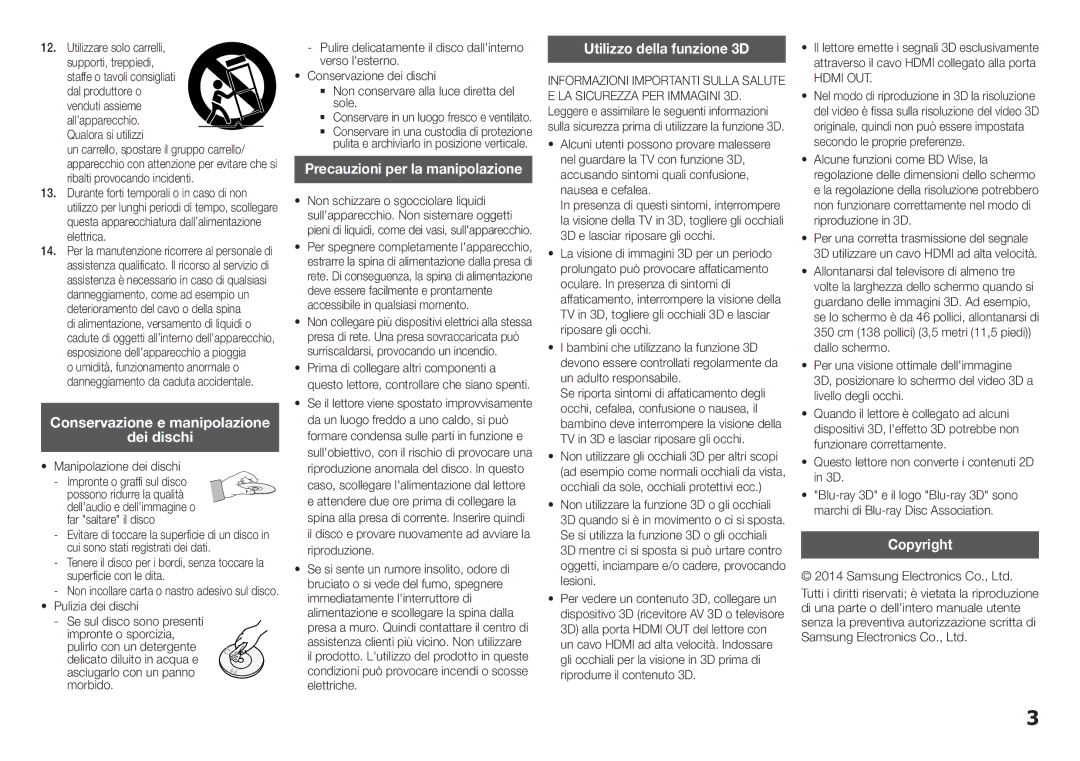 Samsung BD-H5900/ZF Conservazione e manipolazione Dei dischi, Utilizzo della funzione 3D, Precauzioni per la manipolazione 