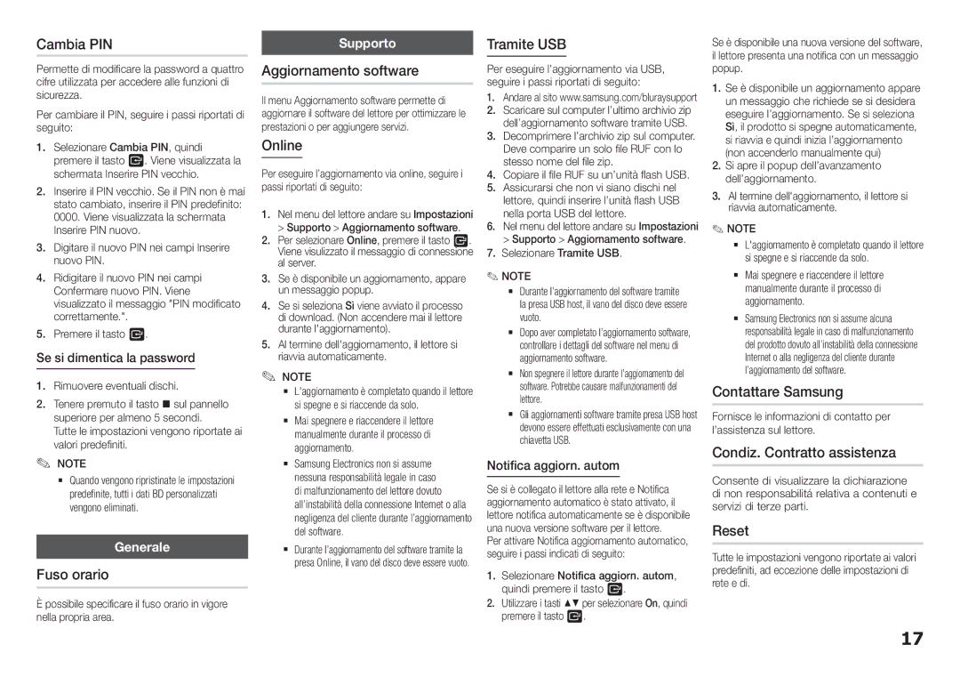 Samsung BD-H5900/ZF manual Cambia PIN, Fuso orario, Aggiornamento software, Online, Tramite USB, Contattare Samsung, Reset 