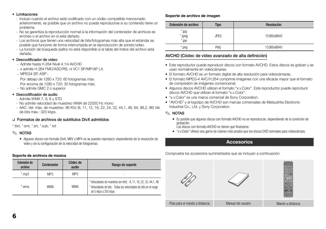 Samsung BD-H5900/ZF manual Accesorios, Avchd Códec de vídeo avanzado de alta definición, De 5 kbps a 355 kbps 