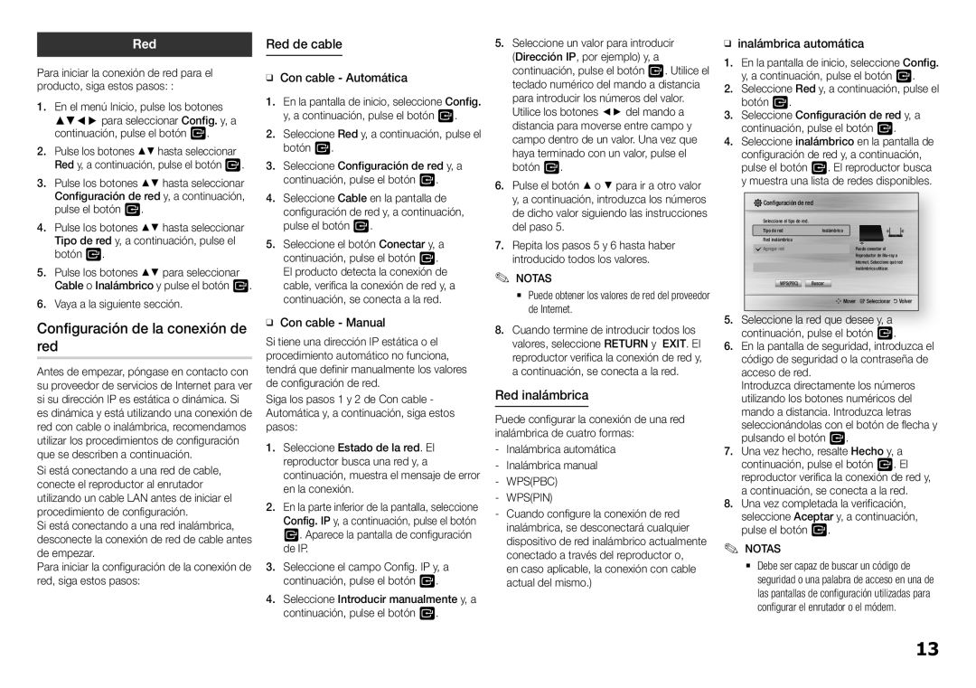 Samsung BD-H5900/ZF manual Configuración de la conexión de red, Red de cable, Red inalámbrica 