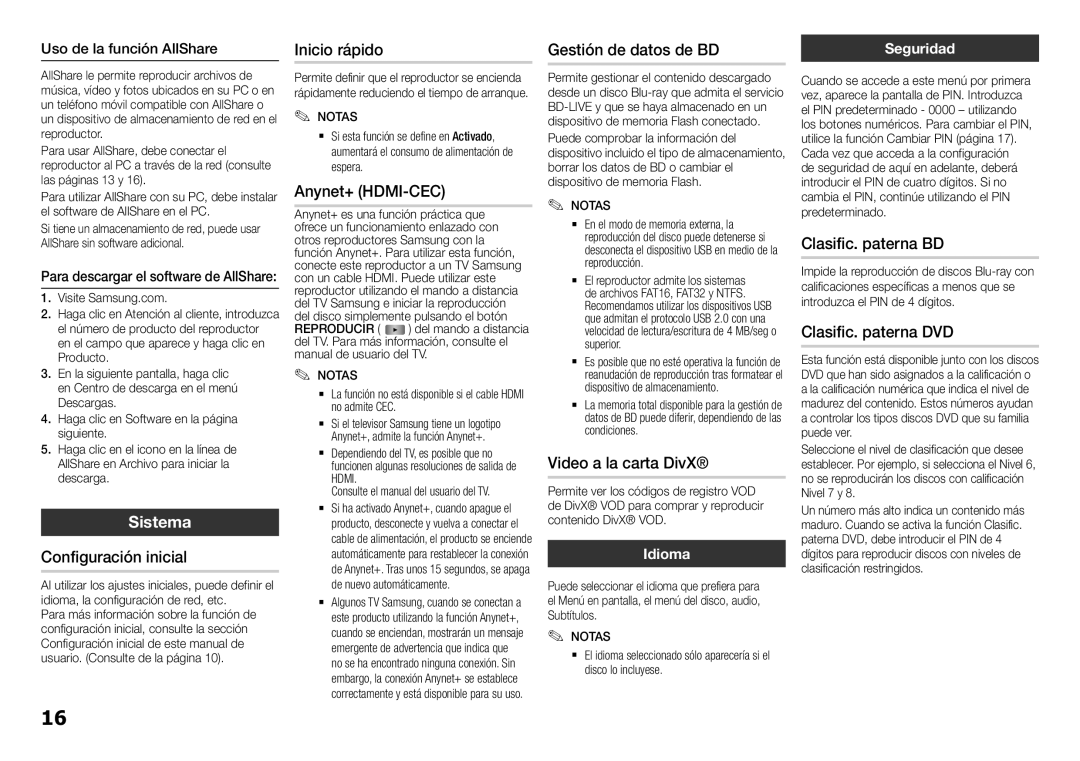 Samsung BD-H5900/ZF manual Configuración inicial, Inicio rápido, Gestión de datos de BD, Video a la carta DivX 